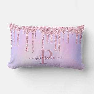 Glam Pink Glitter Drips Elegant Monogram  Lumbar Cushion