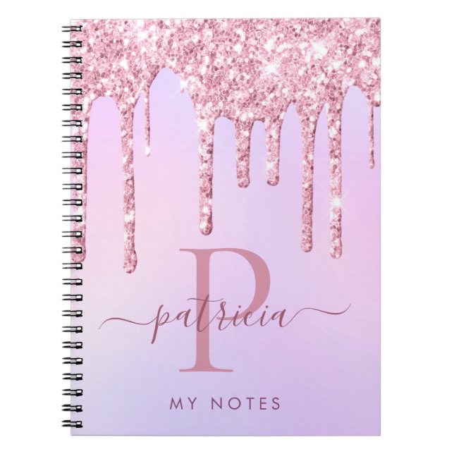 Glam Pink Glitter Drips Elegant Monogram Notebook (Front)