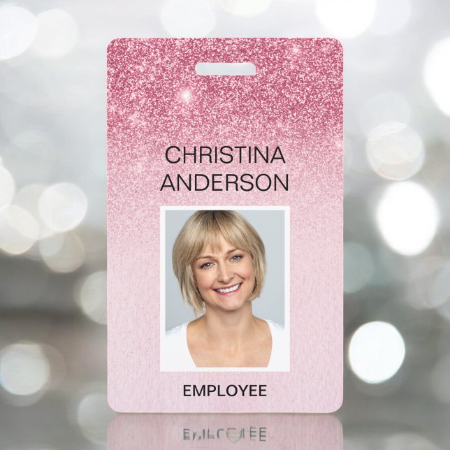 Glam Pink Glitter Employee  - Name Photo Corporate ID Badge (Creator Uploaded)