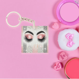 Glam Pink Glitter Eyelashes Monogram Keychain