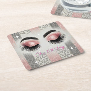 Glam Pink Glitter Eyelashes  Square Paper Coaster
