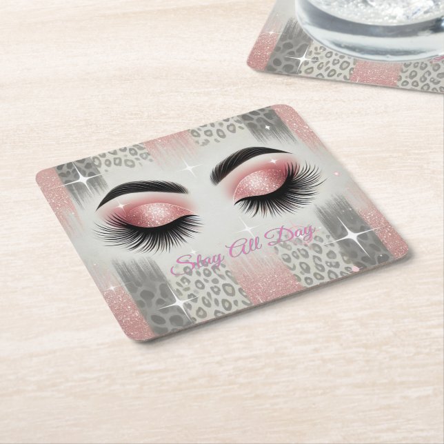 Glam Pink Glitter Eyelashes  Square Paper Coaster (Angled)