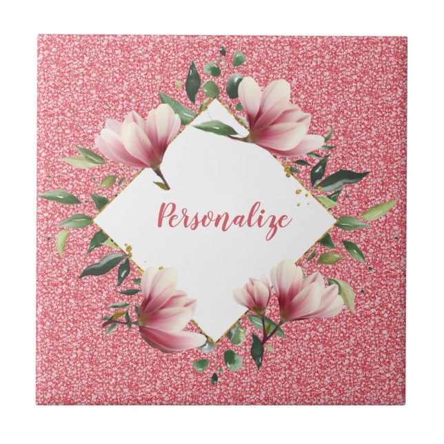 Glam Pink Glitter Flower Frame Sparkle Personalise Tile (Front)