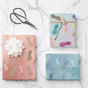 Glam Pink Glitter Gold Pineapples Wrapping Paper Sheet