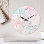 Glam Pink Glitter Pastel Girly Pattern Round Clock<br><div class="desc">Easily personalize this pretty pink bokeh glitter pattern with your custom name and/or monogram.</div>