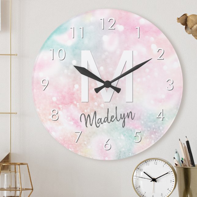 Glam Pink Glitter Pastel Girly Pattern Round Clock (Creator Uploaded)