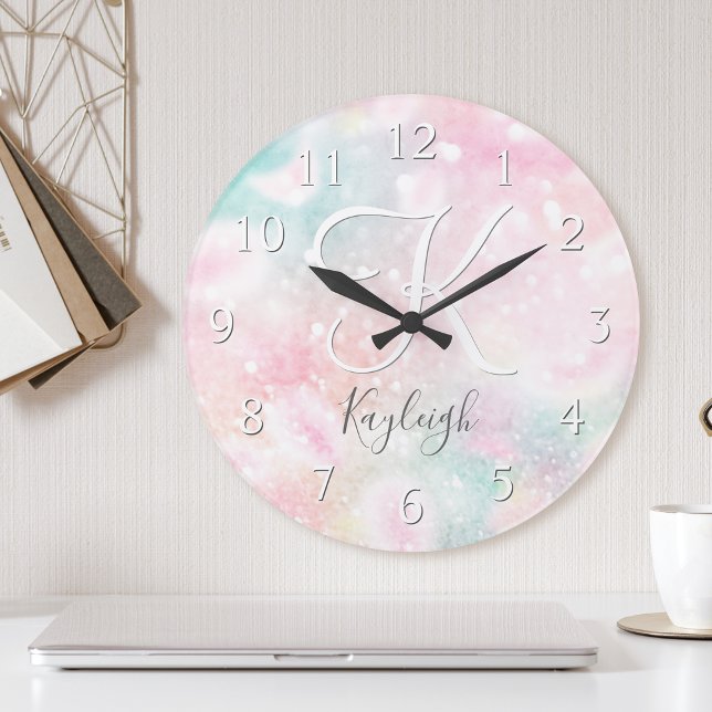 Glam Pink Glitter Pastel Girly Pattern Round Clock (Creator Uploaded)