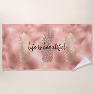Glam Pink Glitz Gold Pineapples Beach Towel