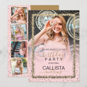 Glam Pink Gold Confetti Border Photo Birthday Invitation