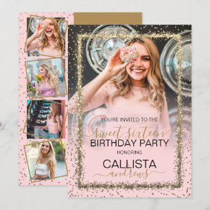 Glam Pink Gold Confetti Border Photo Sweet 16 Invitation