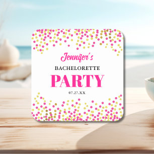 Glam Pink Gold Dots Wedding Bachelorette Party Square Paper Coaster