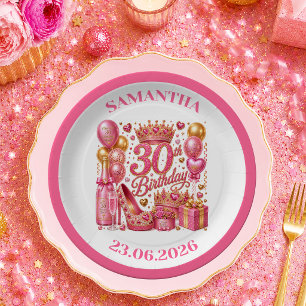 Glam Pink Gold Glitter 30th Birthday Paper Plates