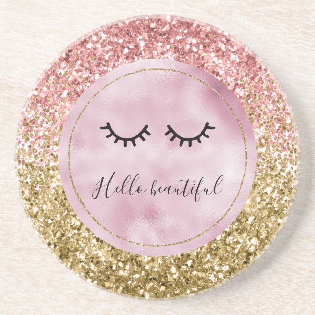 Glam Pink Gold Glitter Black Eyelashes Coaster (Front)