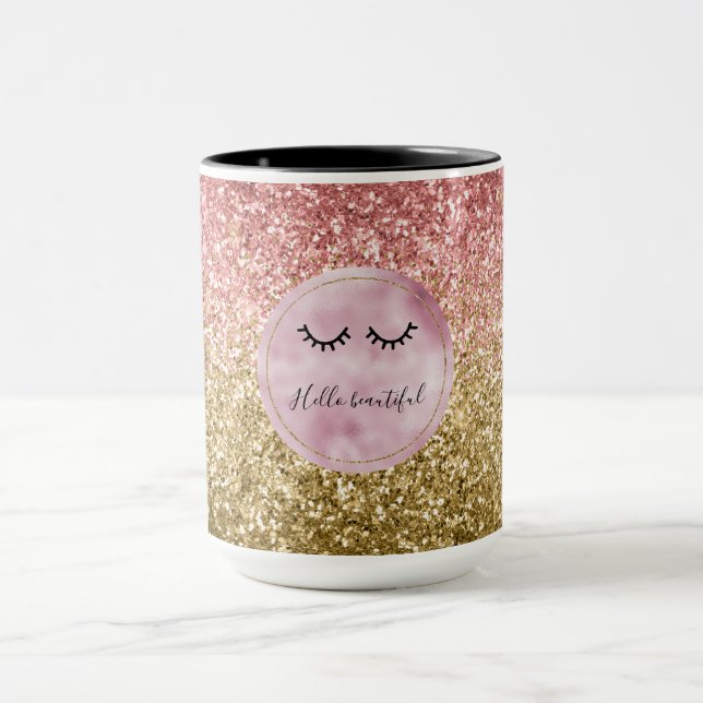 Glam Pink Gold Glitter Black Eyelashes Mug (Center)