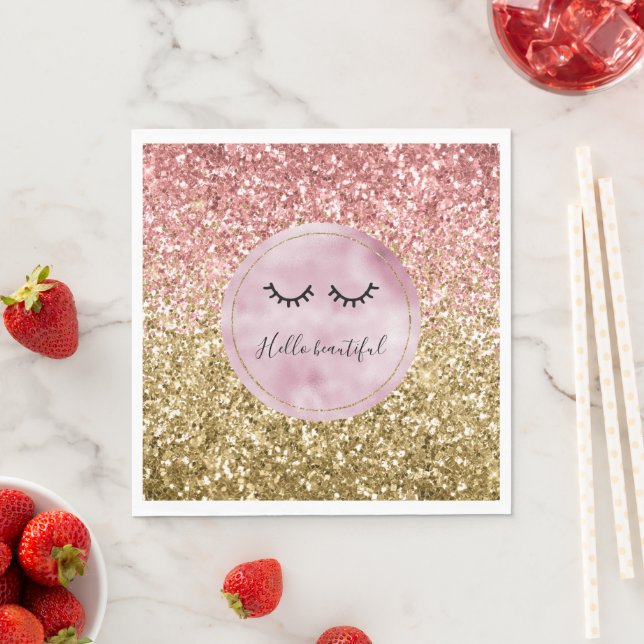 Glam Pink Gold Glitter Black Eyelashes Napkin (Insitu)
