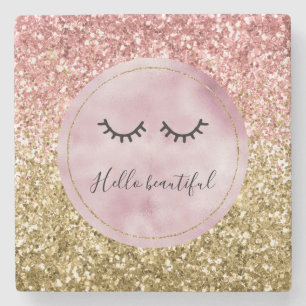 Glam Pink Gold Glitter Black Eyelashes Stone Coaster
