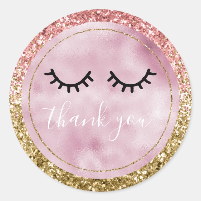 Glam Pink Gold Glitter Black Eyelashes Thank you Classic Round Sticker (Front)
