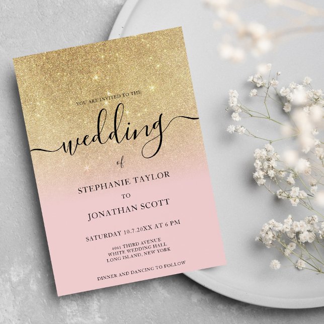 Glam pink gold glitter black script ombre wedding invitation (Glam pink gold glitter black script ombre wedding)