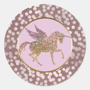 Glam Pink & Gold Glitter Flying Unicorn Favour Classic Round Sticker