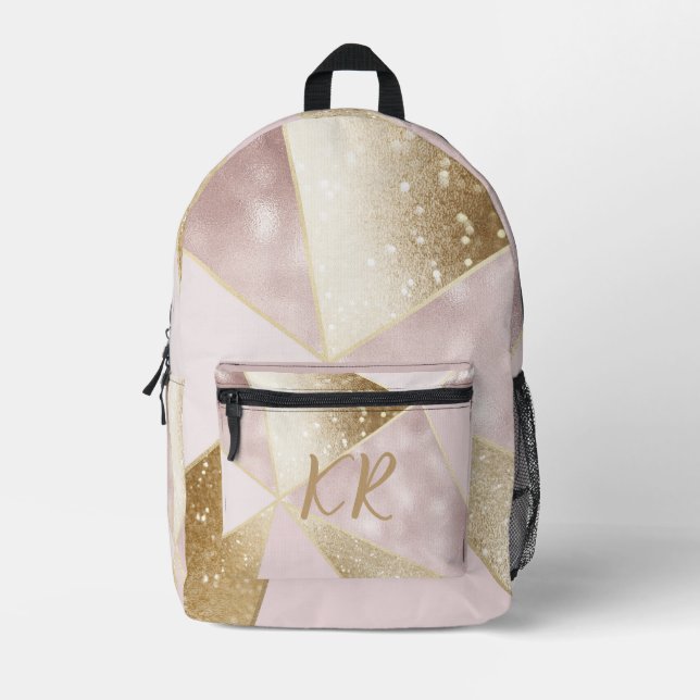 Glam Pink Gold Glitter Geometric Personalised Printed Backpack (Front)