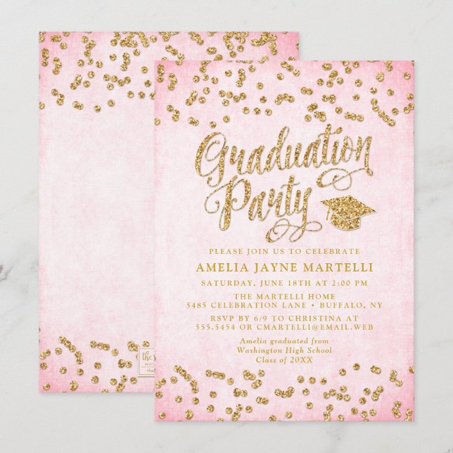 Glam Pink & Gold Glitter Graduation Party Invitation (Front/Back)