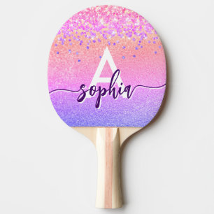 Glam Pink Gold Glitter Monogram Script Colourful Ping Pong Paddle