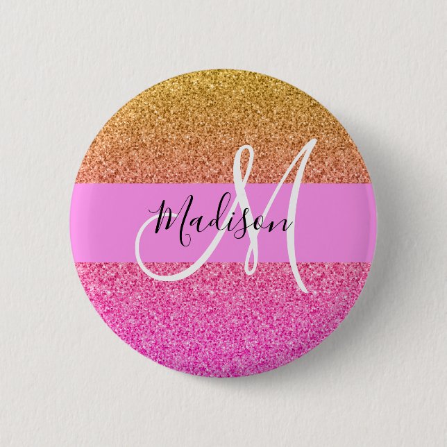 Glam Pink & Gold Glitter Sparkle Gradient Monogram 6 Cm Round Badge (Front)