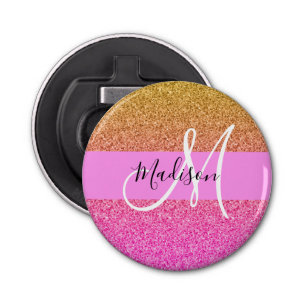 Glam Pink & Gold Glitter Sparkle Gradient Monogram Bottle Opener