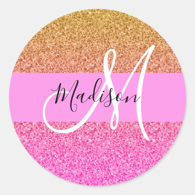 Glam Pink & Gold Glitter Sparkle Gradient Monogram Classic Round Sticker (Front)