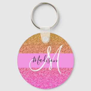 Glam Pink & Gold Glitter Sparkle Gradient Monogram Key Ring