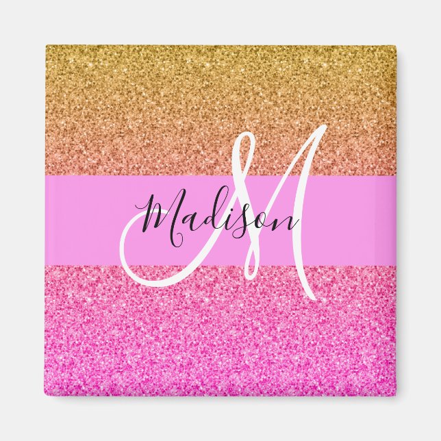 Glam Pink & Gold Glitter Sparkle Gradient Monogram Magnet (Front)