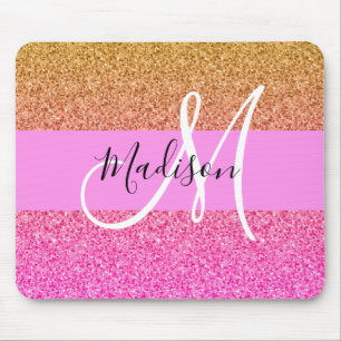 Glam Pink & Gold Glitter Sparkle Gradient Monogram Mouse Mat