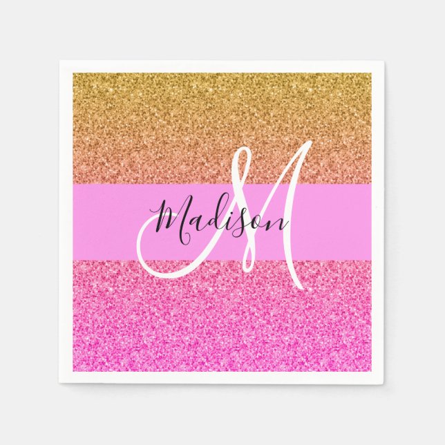 Glam Pink & Gold Glitter Sparkle Gradient Monogram Napkin (Front)
