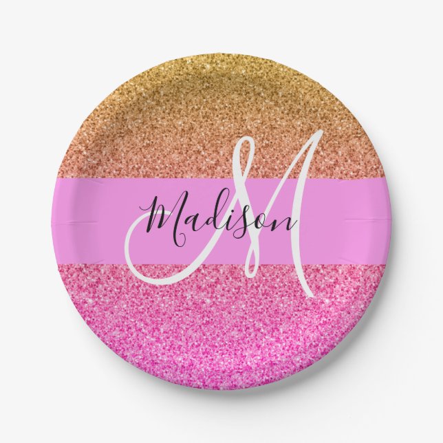 Glam Pink & Gold Glitter Sparkle Gradient Monogram Paper Plate (Front)