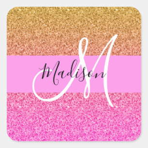 Glam Pink & Gold Glitter Sparkle Gradient Monogram Square Sticker
