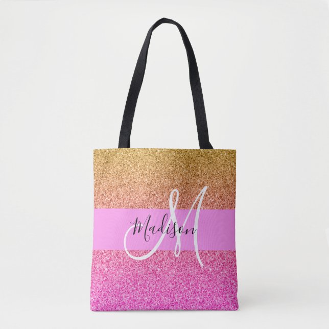 Glam Pink & Gold Glitter Sparkle Gradient Monogram Tote Bag (Front)