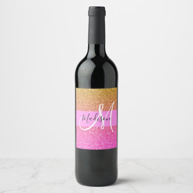 Glam Pink & Gold Glitter Sparkle Gradient Monogram Wine Label (Front)