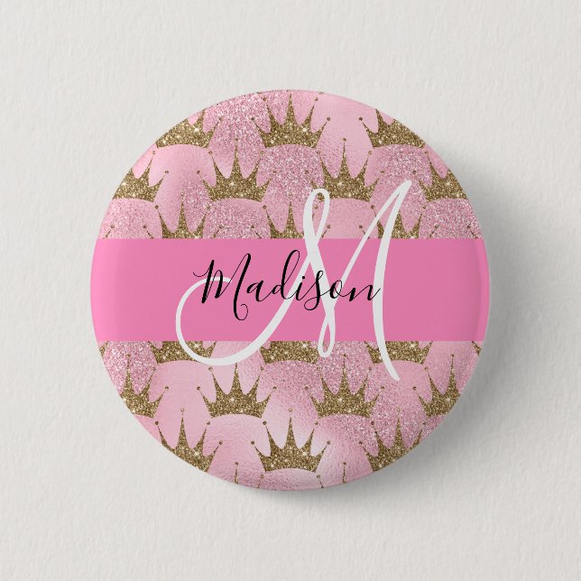 Glam Pink & Gold Glitter Sparkles Crowns Monogram 6 Cm Round Badge (Front)
