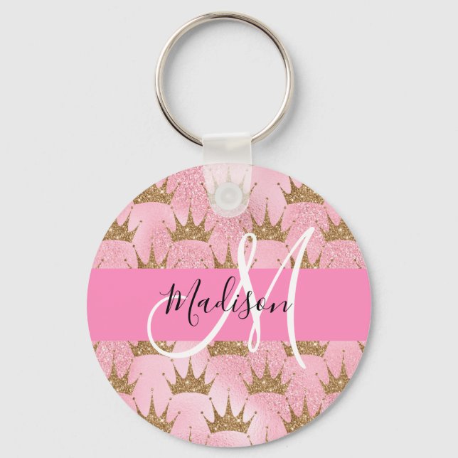 Glam Pink & Gold Glitter Sparkles Crowns Monogram Key Ring (Front)