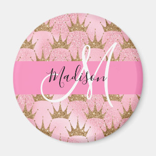 Glam Pink & Gold Glitter Sparkles Crowns Monogram Magnet