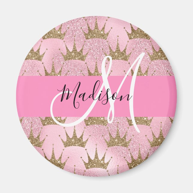 Glam Pink & Gold Glitter Sparkles Crowns Monogram Magnet (Front)