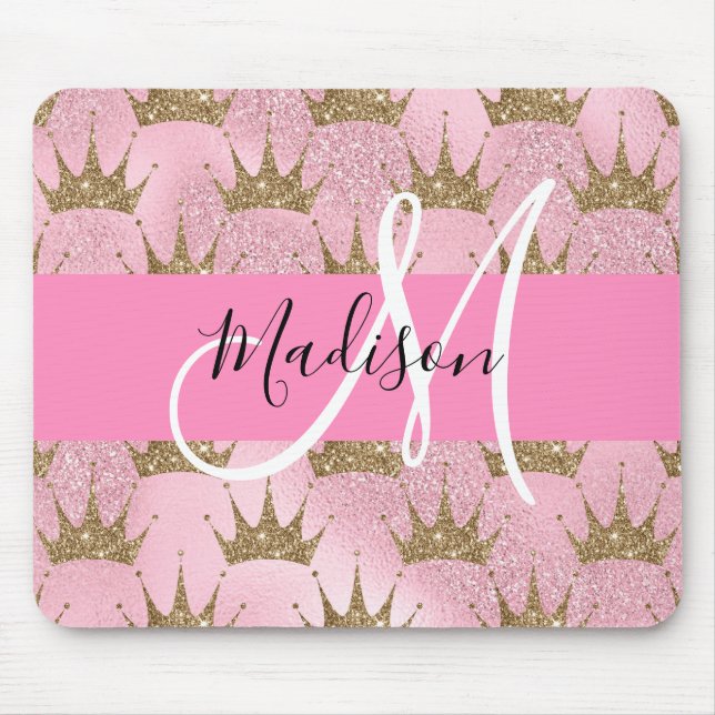 Glam Pink & Gold Glitter Sparkles Crowns Monogram Mouse Mat (Front)