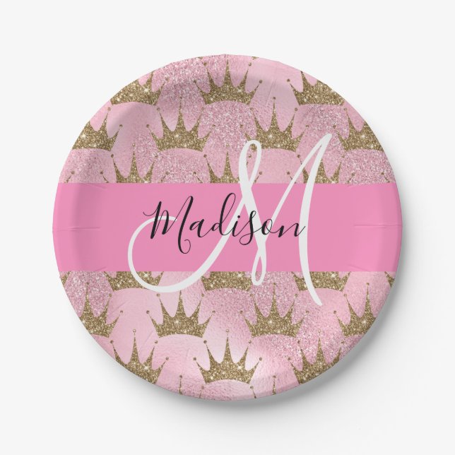 Glam Pink & Gold Glitter Sparkles Crowns Monogram Paper Plate (Front)