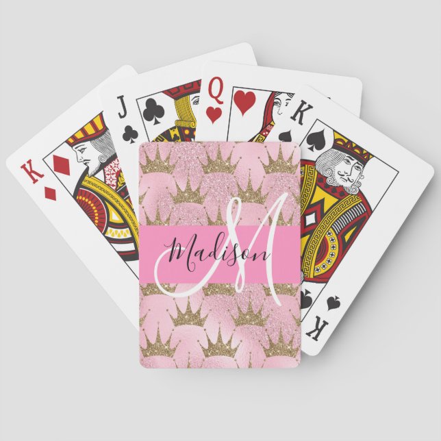 Glam Pink & Gold Glitter Sparkles Crowns Monogram Playing Cards (Back)