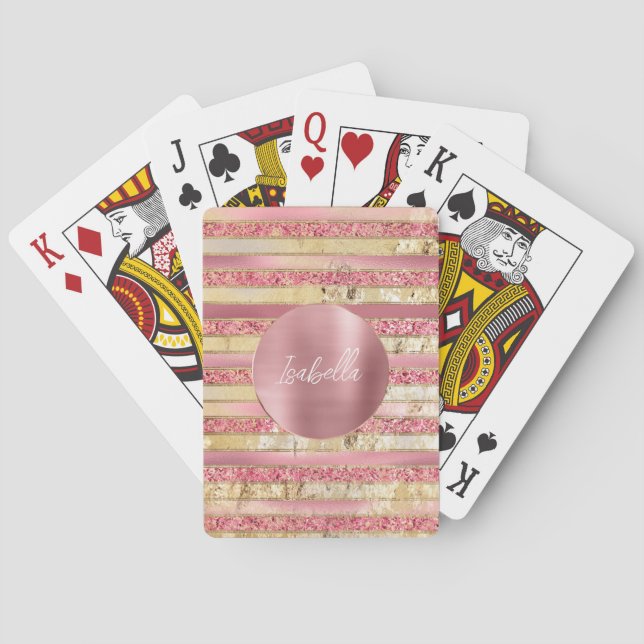 Glam Pink Gold Glitter Stripes Playing Cards (Back)