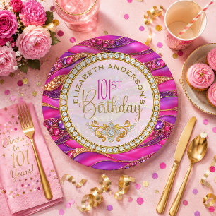 Glam Pink Gold Jewelled Strata 101st Birthday Paper Plate