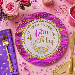 Glam Pink Gold Jewelled Strata 18th Birthday Paper Plate