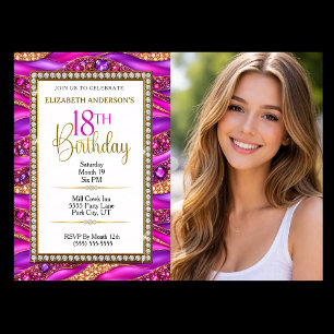 Glam Pink Gold Jewelled Strata 18th Birthday Photo Invitation