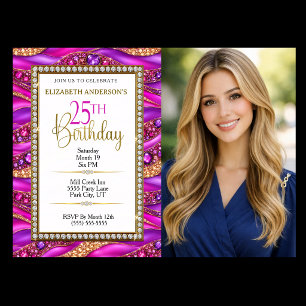 Glam Pink Gold Jewelled Strata 25th Birthday Photo Invitation