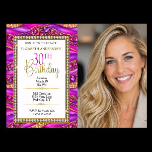 Glam Pink Gold Jewelled Strata 30th Birthday Photo Invitation
